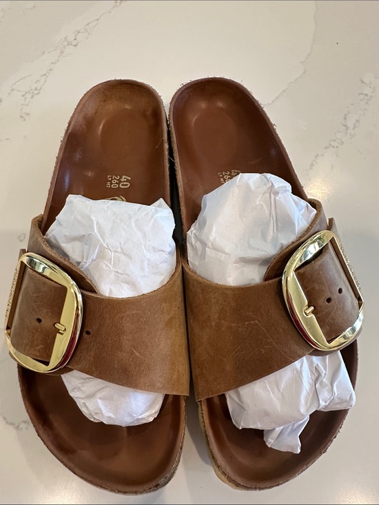 Birkenstock Shoes - Birkenstock Madrid Big Buckle Cognac Gold Slide Sandals Leather 40 Narrow